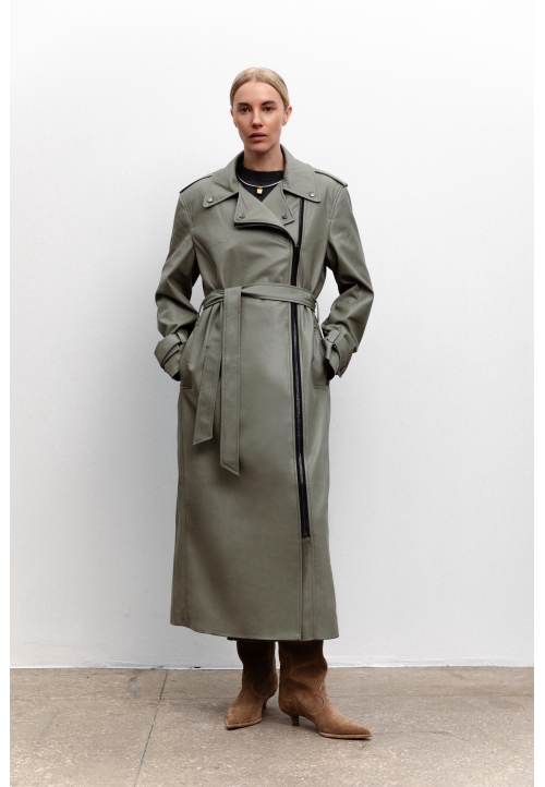 Eco-leather trench coat khaki
