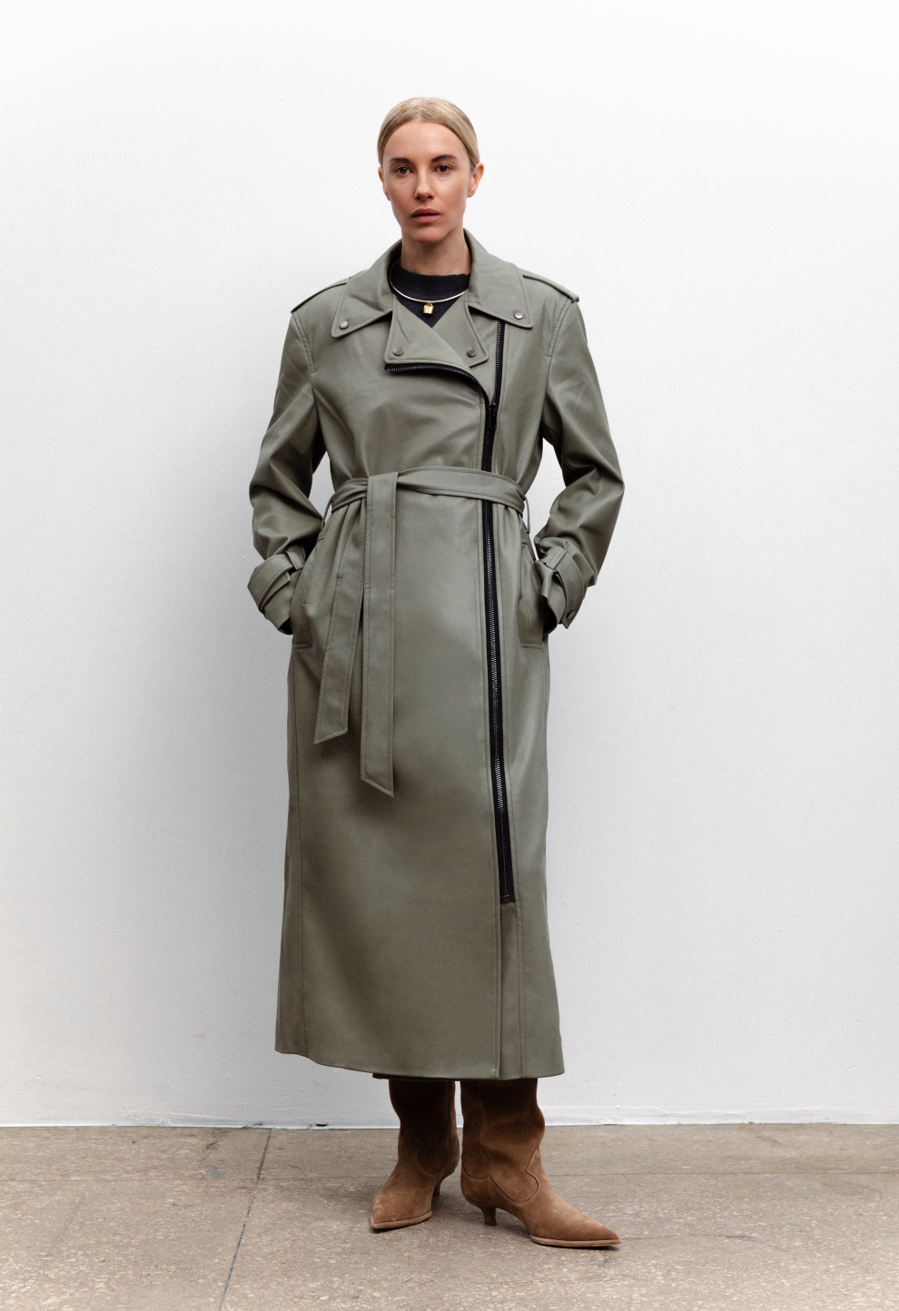 Eco-leather trench coat khaki