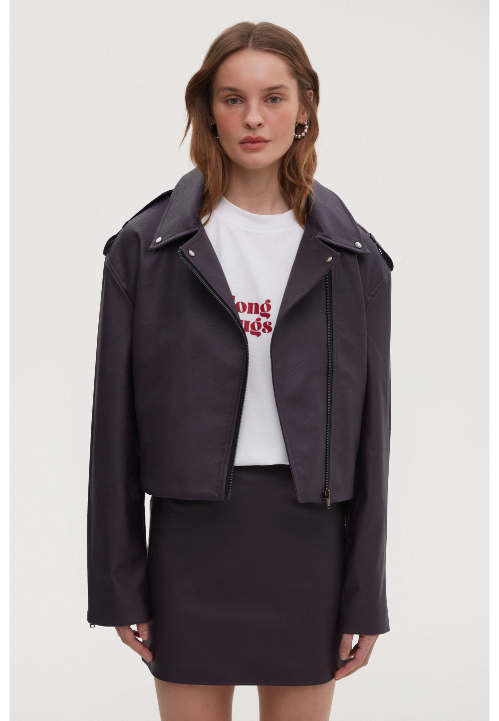Semi-crop Belted Suede Biker Jacket in Burgundy