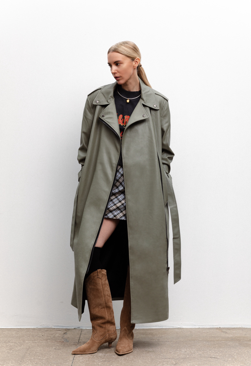 Eco-leather trench coat khaki