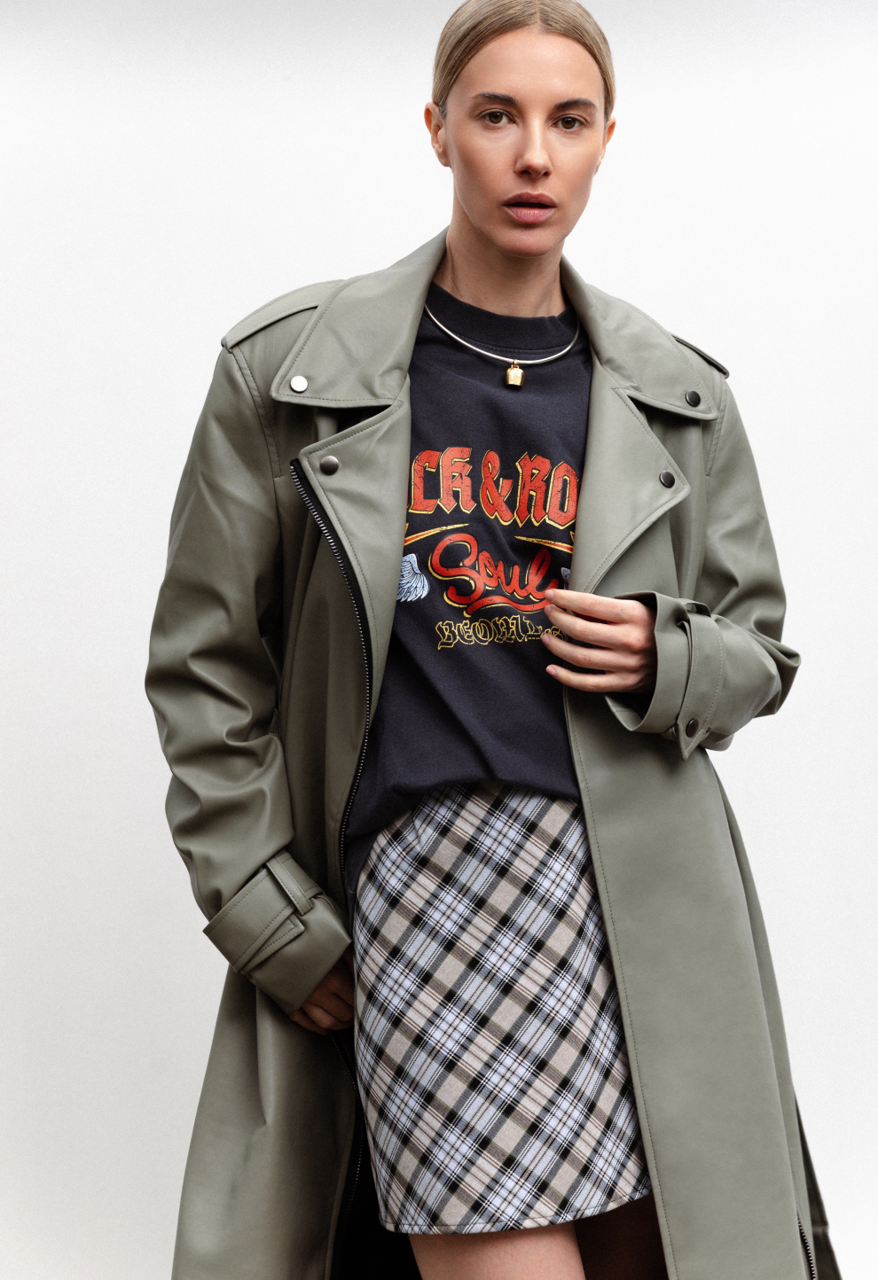 Eco-leather trench coat khaki