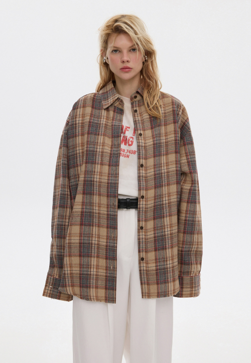 Сорочка oversize клітинка бежева
